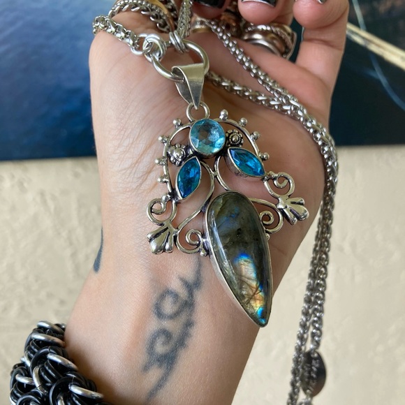 925 Sterling silver overlay natural labradorite sapphire aquamarine necklace - Picture 14 of 16